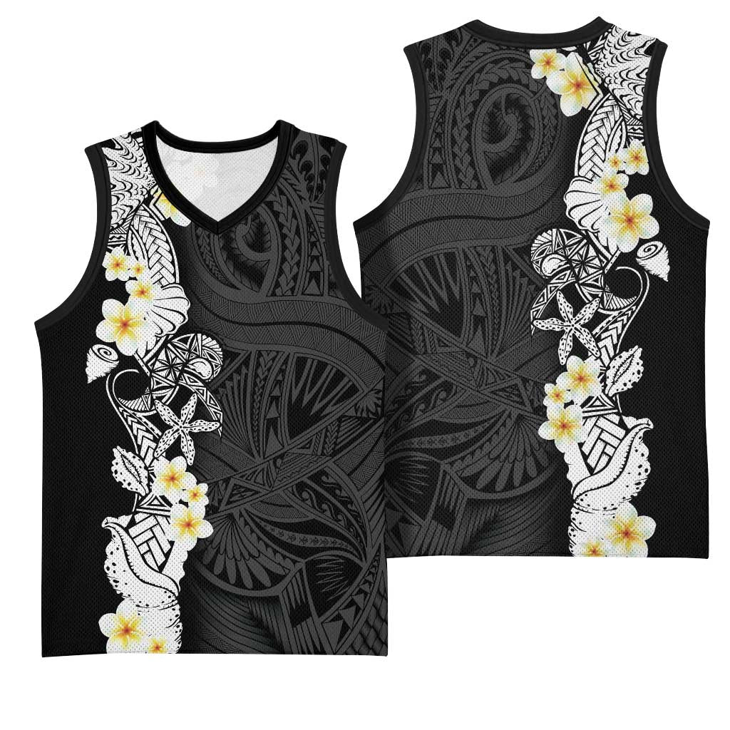 Black Samoa Tattoo Basketball Jersey Plumeria Samoan Ocean Tatau Pattern - Polynesian Pride