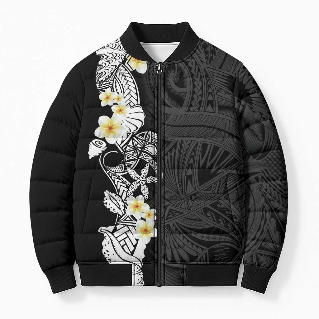 Black Samoa Tattoo Bomber Puffer Jacket Plumeria Samoan Ocean Tatau Pattern - Polynesian Pride