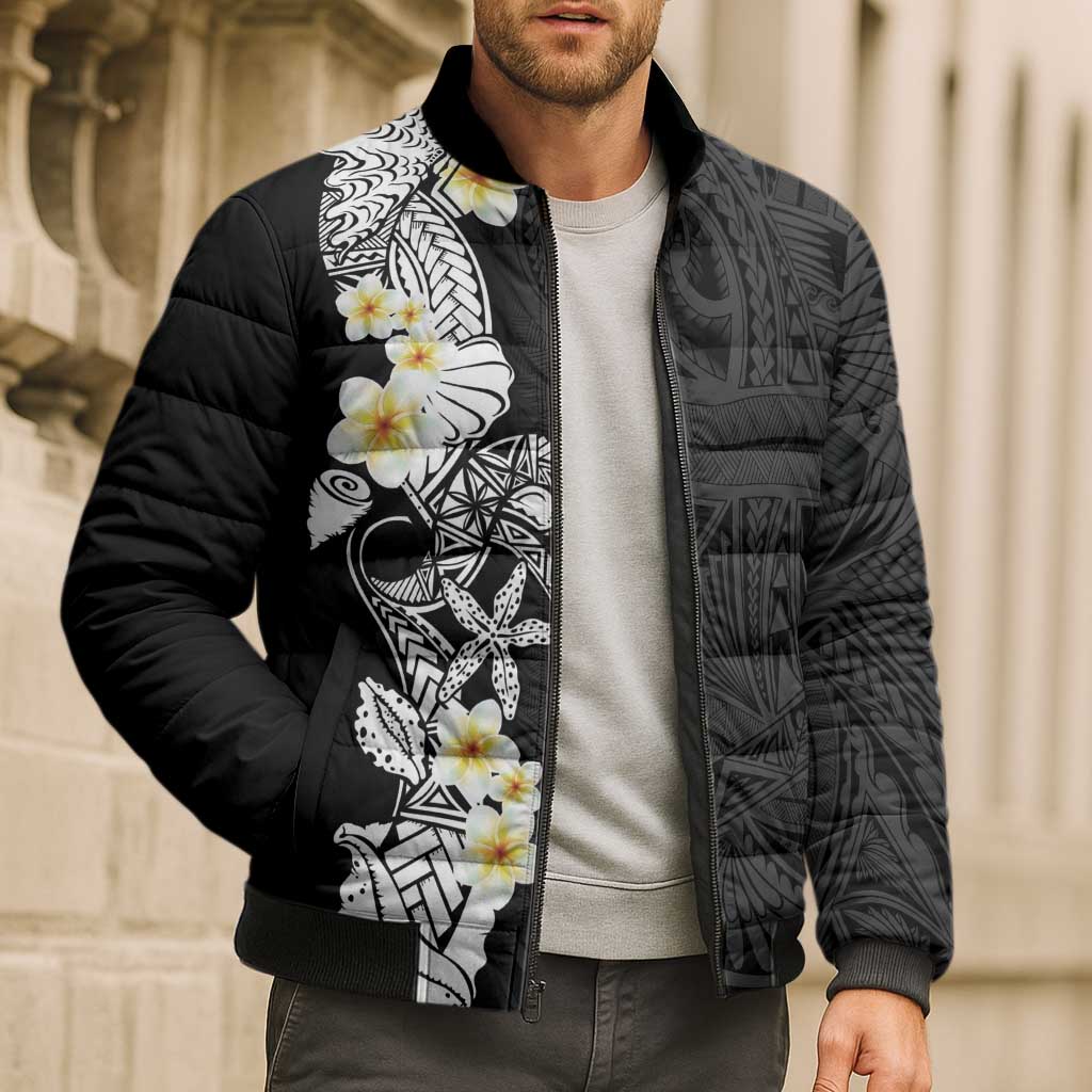 Black Samoa Tattoo Bomber Puffer Jacket Plumeria Samoan Ocean Tatau Pattern - Polynesian Pride