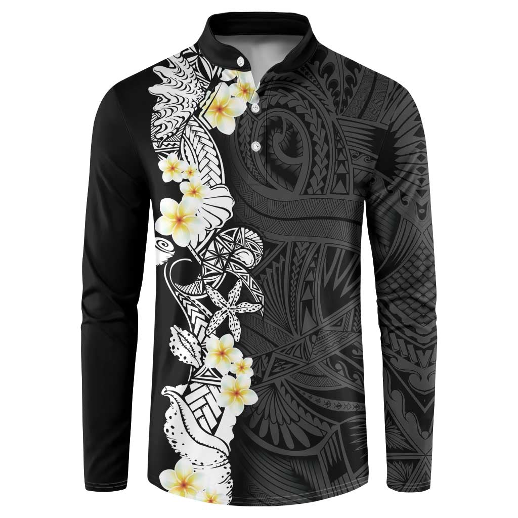 Black Samoa Tattoo Button Sweatshirt Plumeria Samoan Ocean Tatau Pattern - Polynesian Pride