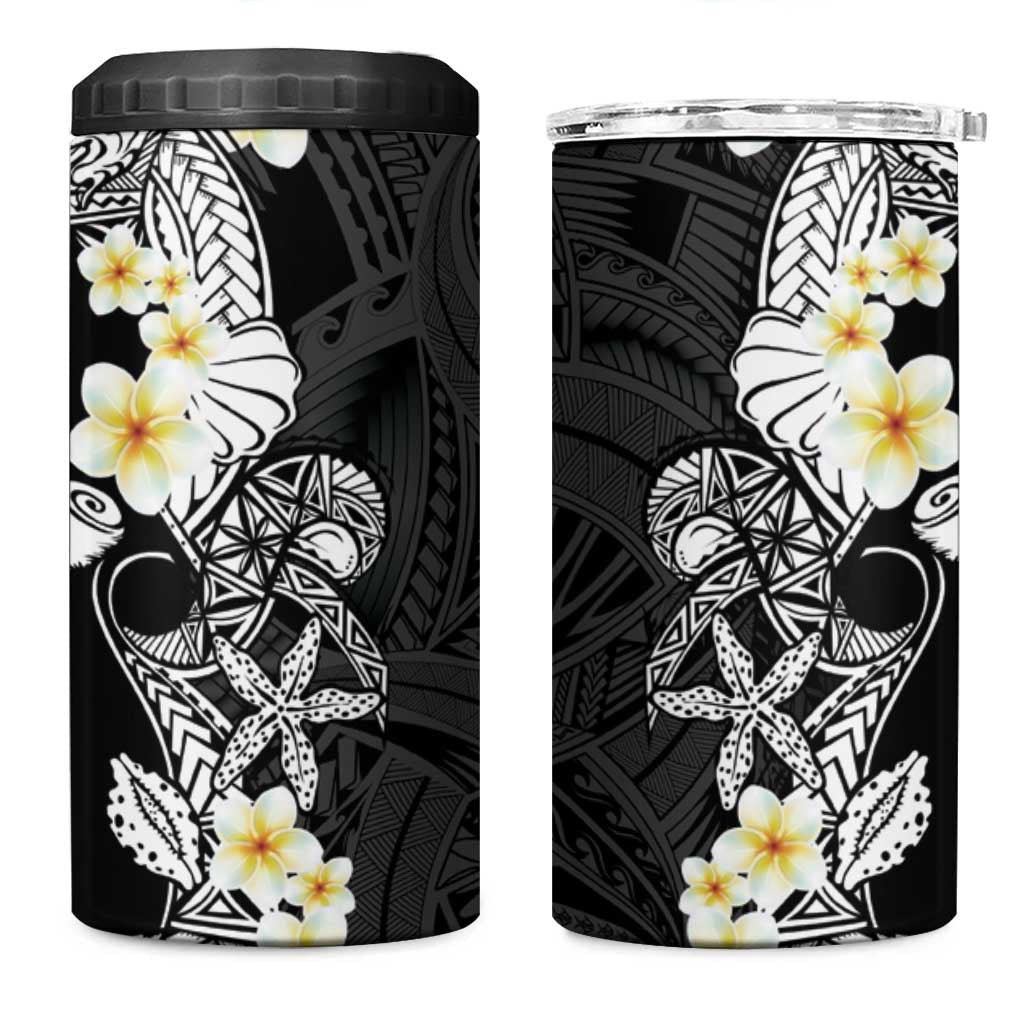 Black Samoa Tattoo 4 in 1 Can Cooler Tumbler Plumeria Samoan Ocean Tatau Pattern - Polynesian Pride