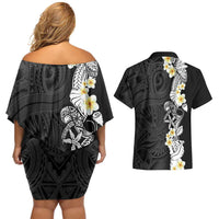 Black Samoa Tattoo Couples Matching Off Shoulder Short Dress and Hawaiian Shirt Plumeria Samoan Ocean Tatau Pattern - Polynesian Pride