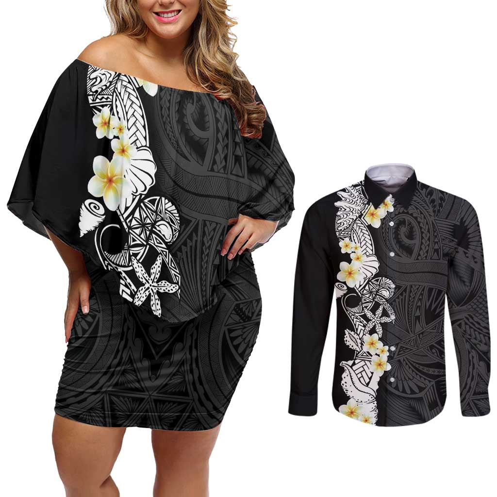 Black Samoa Tattoo Couples Matching Off Shoulder Short Dress and Long Sleeve Button Shirt Plumeria Samoan Ocean Tatau Pattern - Polynesian Pride