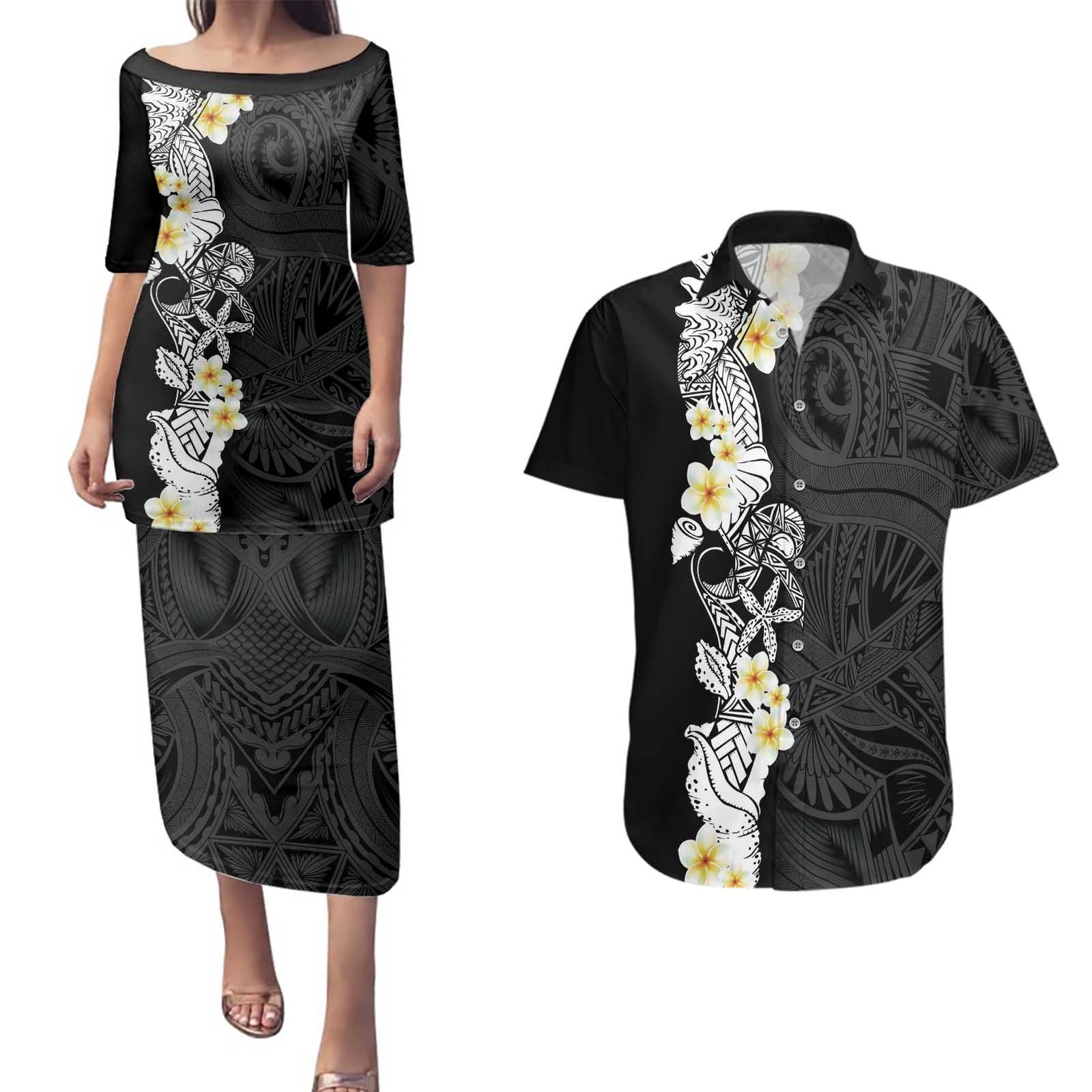 Black Samoa Tattoo Couples Matching Puletasi and Hawaiian Shirt Plumeria Samoan Ocean Tatau Pattern - Polynesian Pride