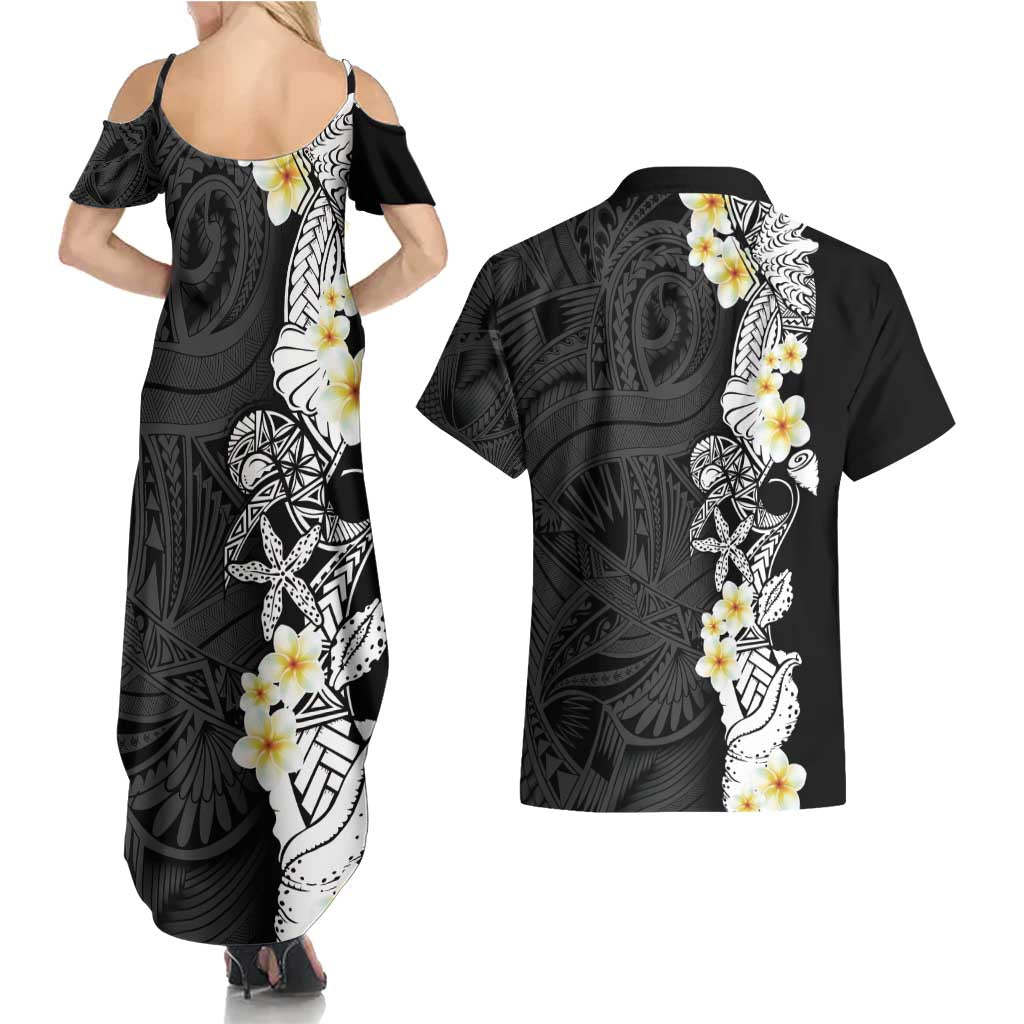 Black Samoa Tattoo Couples Matching Summer Maxi Dress and Hawaiian Shirt Plumeria Samoan Ocean Tatau Pattern - Polynesian Pride