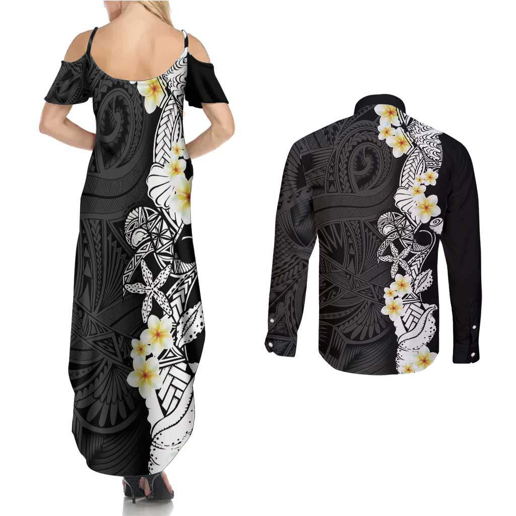 Black Samoa Tattoo Couples Matching Summer Maxi Dress and Long Sleeve Button Shirt Plumeria Samoan Ocean Tatau Pattern - Polynesian Pride