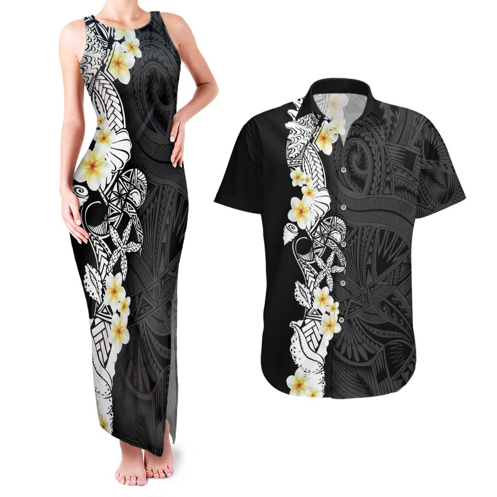 Black Samoa Tattoo Couples Matching Tank Maxi Dress and Hawaiian Shirt Plumeria Samoan Ocean Tatau Pattern - Polynesian Pride