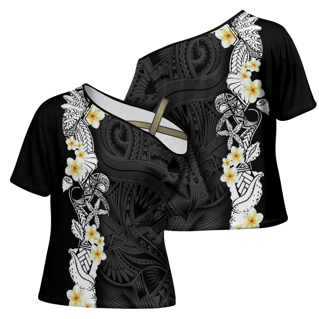 Black Samoa Tattoo Cross Shoulder Shirt Plumeria Samoan Ocean Tatau Pattern - Polynesian Pride