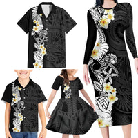 Black Samoa Tattoo Family Matching Long Sleeve Bodycon Dress and Hawaiian Shirt Plumeria Samoan Ocean Tatau Pattern - Polynesian Pride