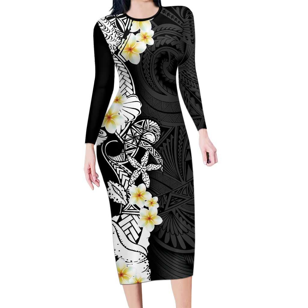 Black Samoa Tattoo Family Matching Long Sleeve Bodycon Dress and Hawaiian Shirt Plumeria Samoan Ocean Tatau Pattern - Polynesian Pride