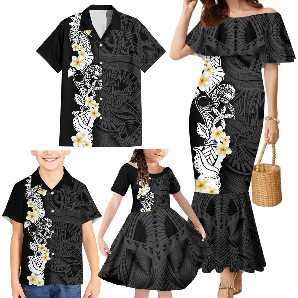 Black Samoa Tattoo Family Matching Mermaid Dress and Hawaiian Shirt Plumeria Samoan Ocean Tatau Pattern - Polynesian Pride