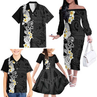 Black Samoa Tattoo Family Matching Off The Shoulder Long Sleeve Dress and Hawaiian Shirt Plumeria Samoan Ocean Tatau Pattern - Polynesian Pride
