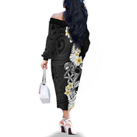 Black Samoa Tattoo Family Matching Off The Shoulder Long Sleeve Dress and Hawaiian Shirt Plumeria Samoan Ocean Tatau Pattern - Polynesian Pride
