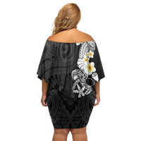 Black Samoa Tattoo Family Matching Off Shoulder Short Dress and Hawaiian Shirt Plumeria Samoan Ocean Tatau Pattern - Polynesian Pride