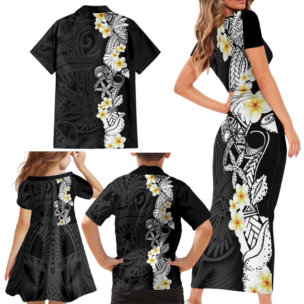 Black Samoa Tattoo Family Matching Short Sleeve Bodycon Dress and Hawaiian Shirt Plumeria Samoan Ocean Tatau Pattern - Polynesian Pride