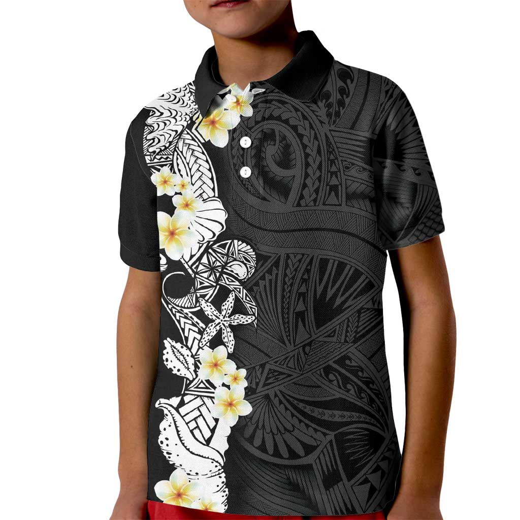 Black Samoa Tattoo Kid Polo Shirt Plumeria Samoan Ocean Tatau Pattern - Polynesian Pride