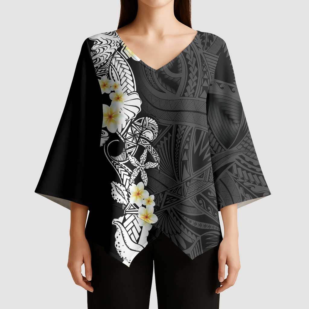 Black Samoa Tattoo Kimono Sleeve Blouse Plumeria Samoan Ocean Tatau Pattern - Polynesian Pride