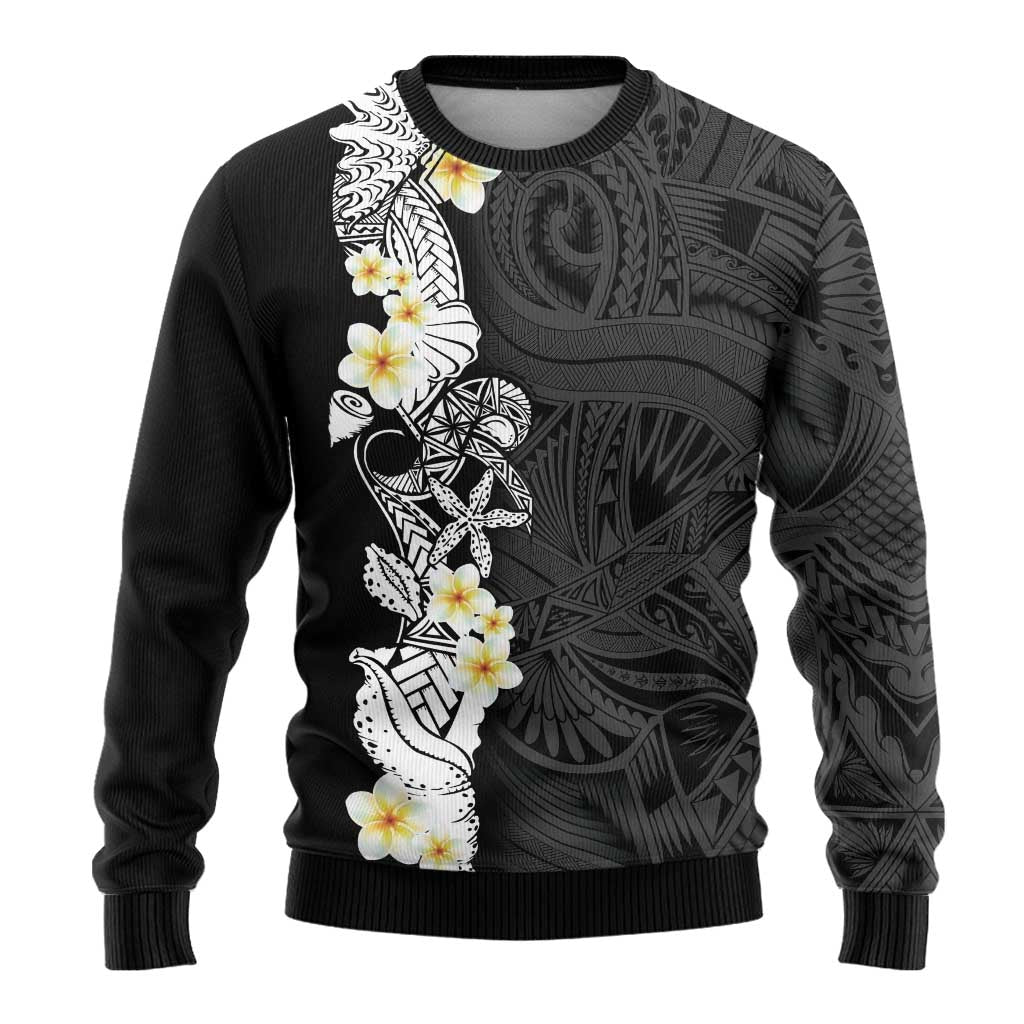 Black Samoa Tattoo Ugly Christmas Sweater Plumeria Samoan Ocean Tatau Pattern - Polynesian Pride