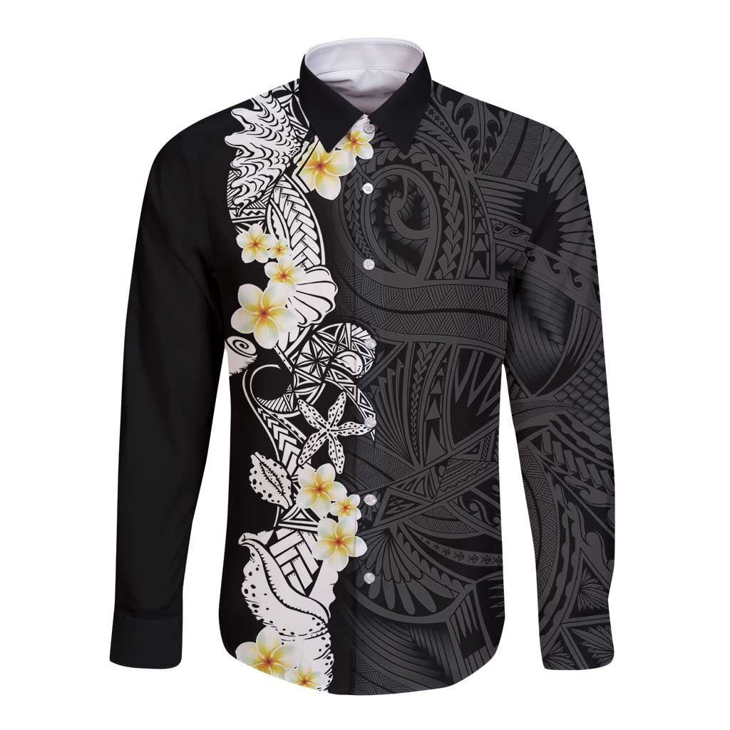 Black Samoa Tattoo Long Sleeve Button Shirt Plumeria Samoan Ocean Tatau Pattern - Polynesian Pride