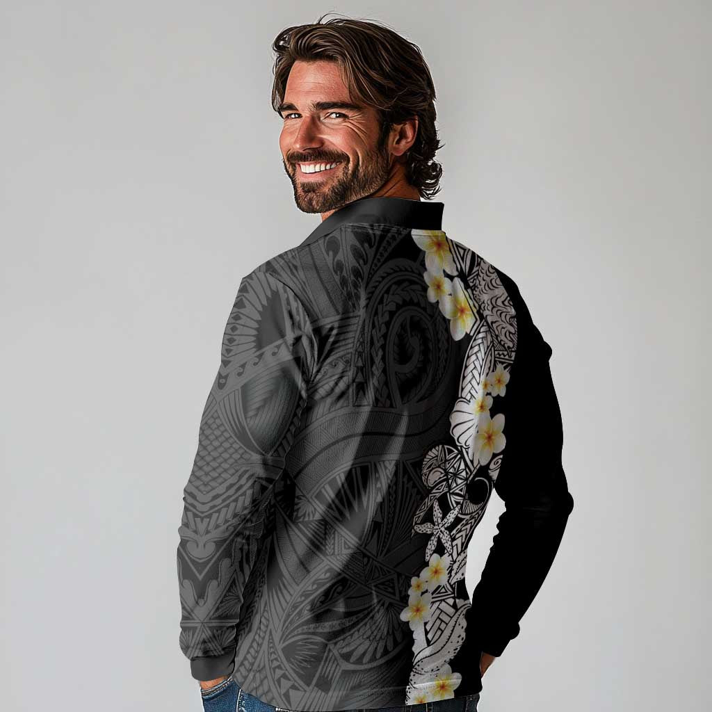 Black Samoa Tattoo Long Sleeve Polo Shirt Plumeria Samoan Ocean Tatau Pattern - Polynesian Pride