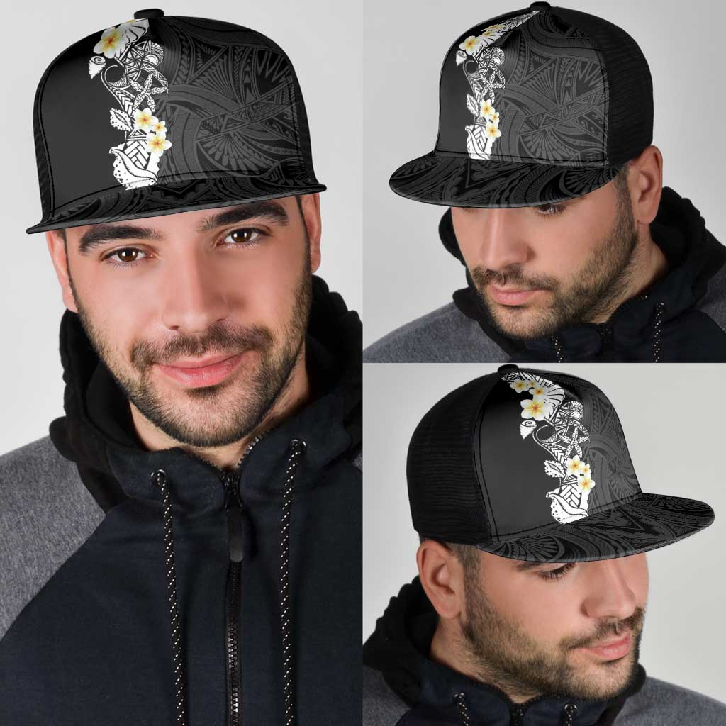 Black Samoa Tattoo Mesh Trucker Cap Plumeria Samoan Ocean Tatau Pattern - Polynesian Pride