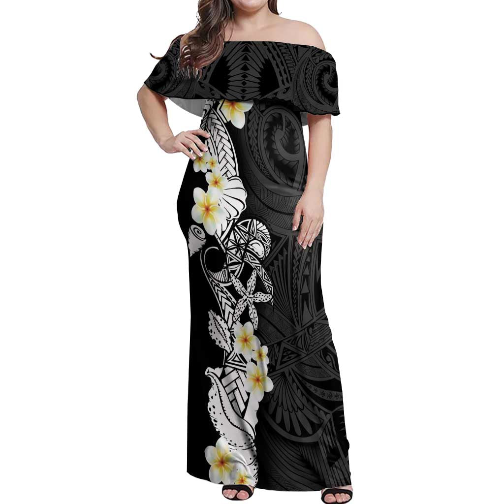 Black Samoa Tattoo Off Shoulder Maxi Dress Plumeria Samoan Ocean Tatau Pattern - Polynesian Pride