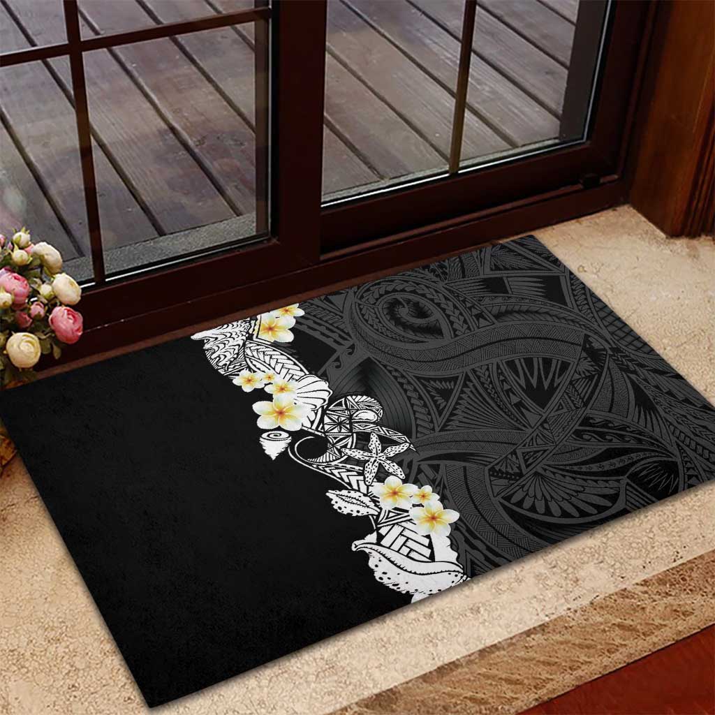 Black Samoa Tattoo Rubber Doormat Plumeria Samoan Ocean Tatau Pattern - Polynesian Pride