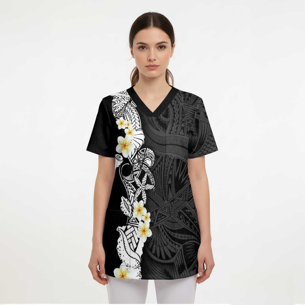 Black Samoa Tattoo Scrub Top Plumeria Samoan Ocean Tatau Pattern - Polynesian Pride