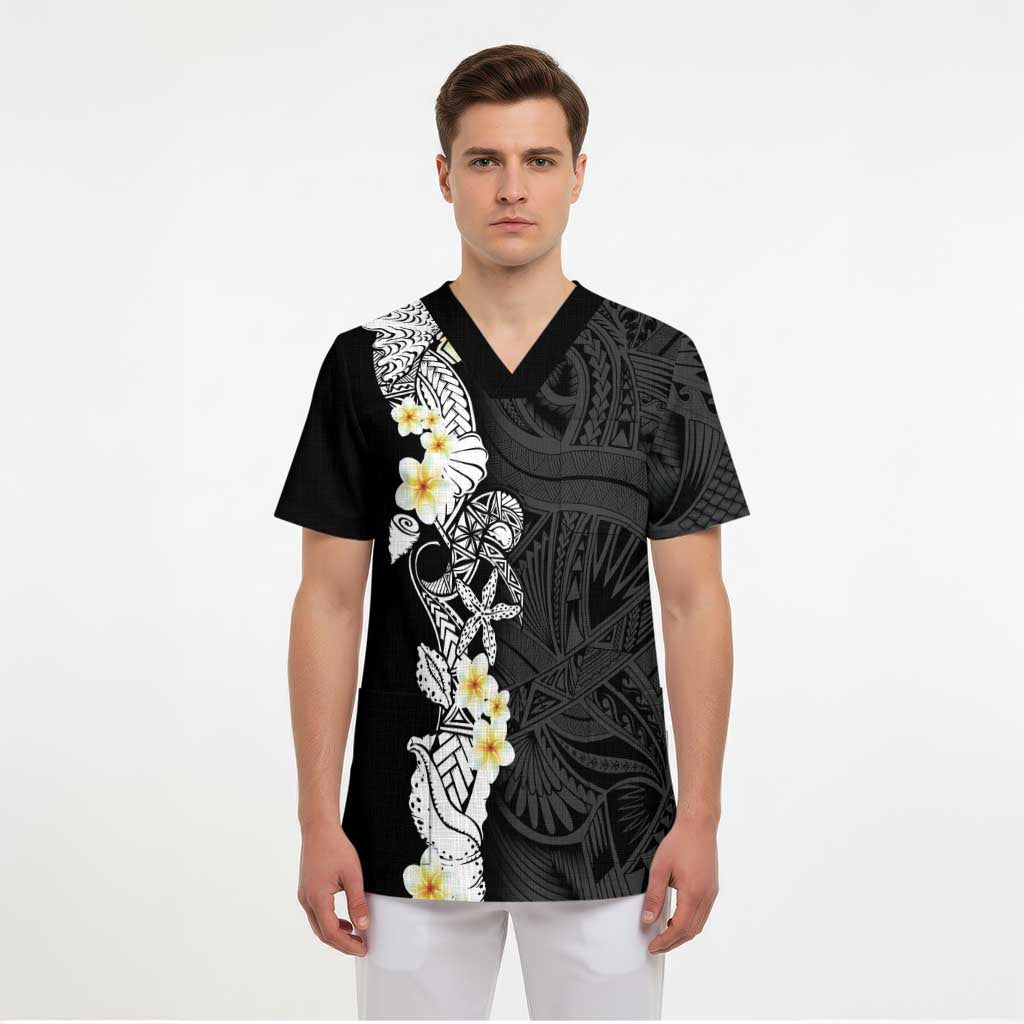 Black Samoa Tattoo Scrub Top Plumeria Samoan Ocean Tatau Pattern - Polynesian Pride