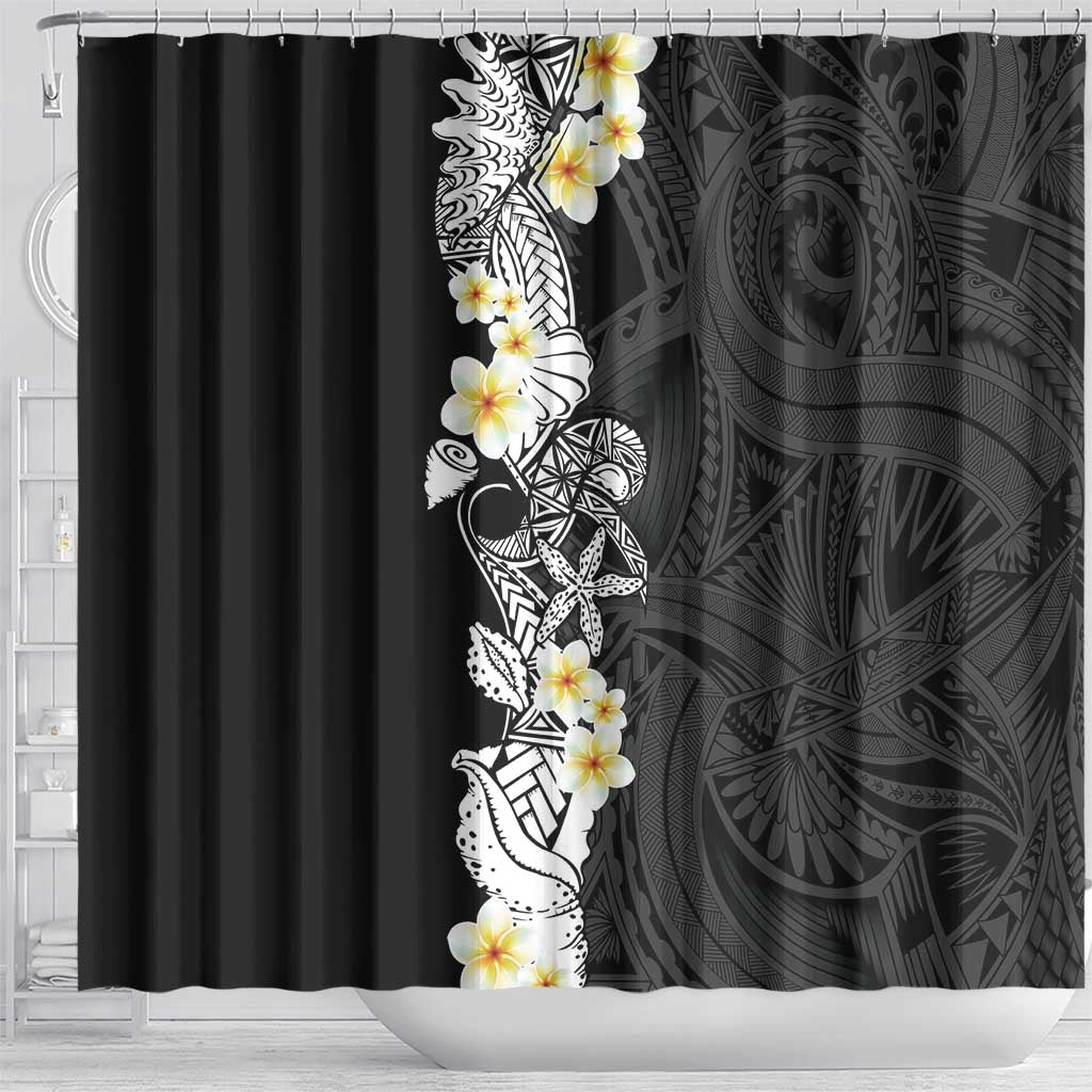Black Samoa Tattoo Shower Curtain Plumeria Samoan Ocean Tatau Pattern - Polynesian Pride