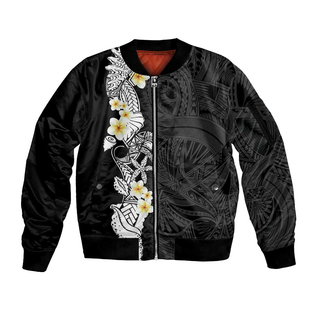Black Samoa Tattoo Sleeve Zip Bomber Jacket Plumeria Samoan Ocean Tatau Pattern - Polynesian Pride
