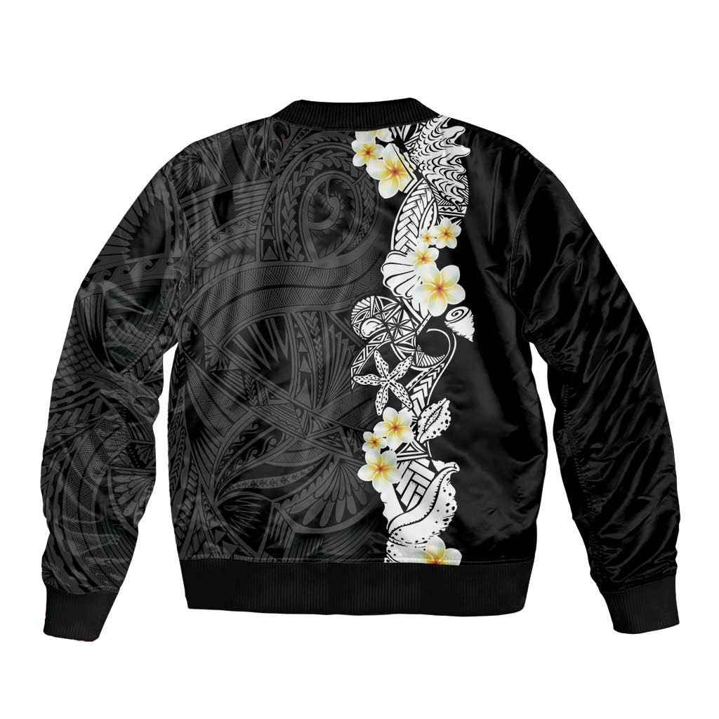 Black Samoa Tattoo Sleeve Zip Bomber Jacket Plumeria Samoan Ocean Tatau Pattern - Polynesian Pride