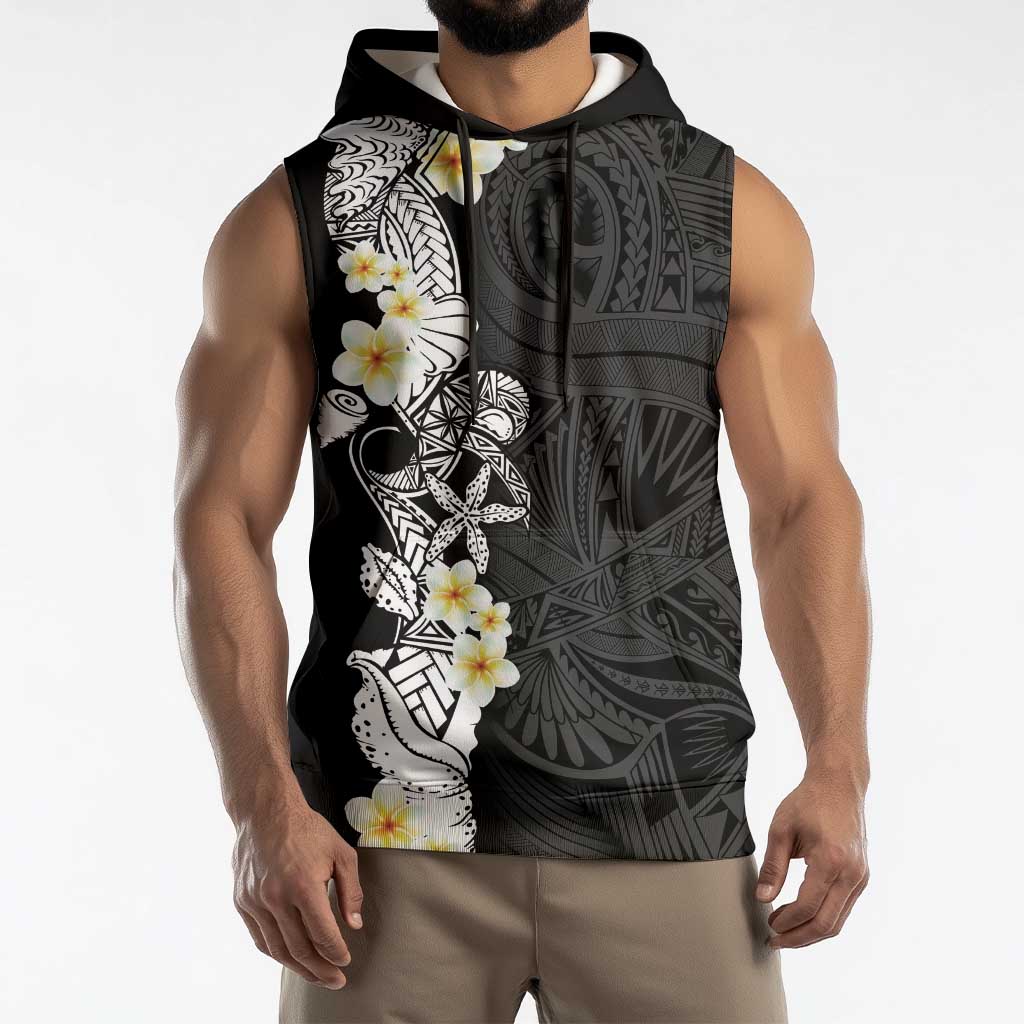 Black Samoa Tattoo Sleeveless Hoodie Plumeria Samoan Ocean Tatau Pattern - Polynesian Pride