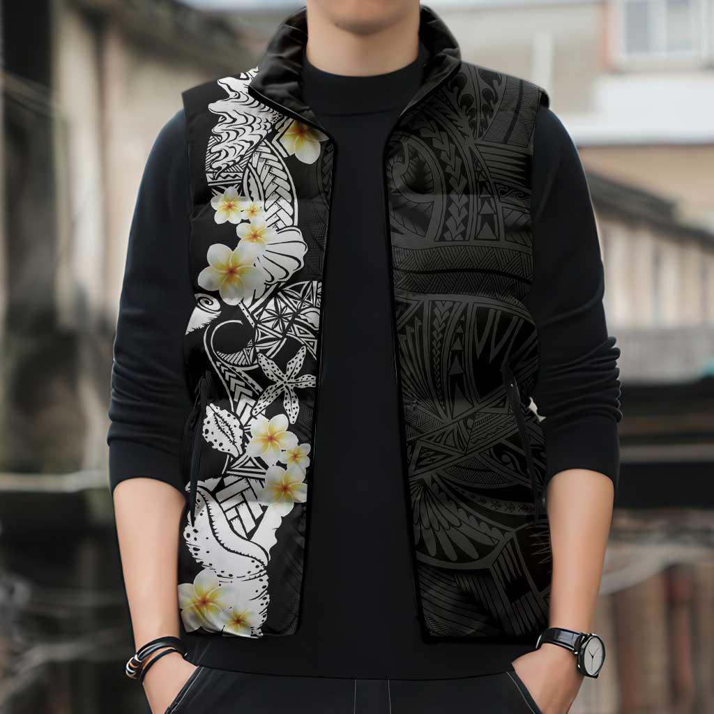Black Samoa Tattoo Sleeveless Puffer Jacket Plumeria Samoan Ocean Tatau Pattern - Polynesian Pride