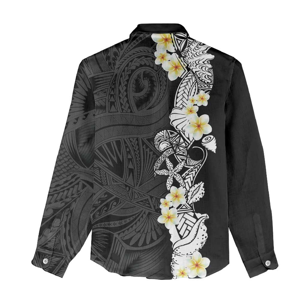 Black Samoa Tattoo Women Casual Shirt Plumeria Samoan Ocean Tatau Pattern - Polynesian Pride