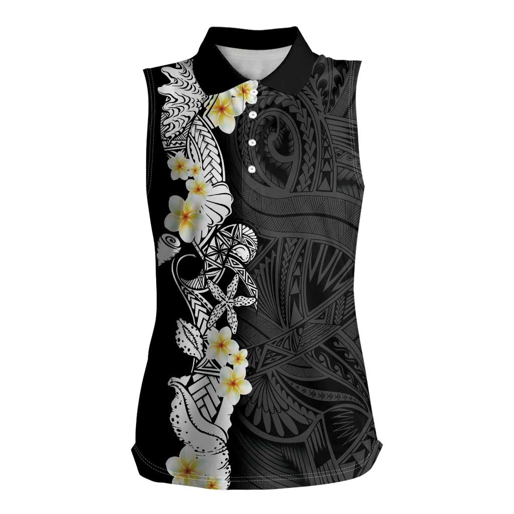 Black Samoa Tattoo Women Sleeveless Polo Shirt Plumeria Samoan Ocean Tatau Pattern - Polynesian Pride