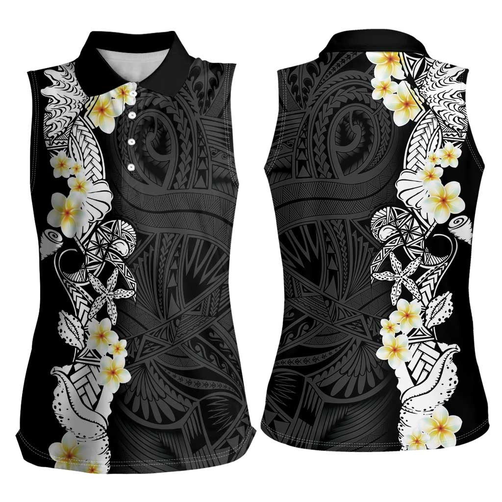 Black Samoa Tattoo Women Sleeveless Polo Shirt Plumeria Samoan Ocean Tatau Pattern - Polynesian Pride