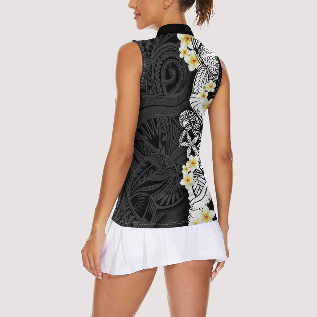 Black Samoa Tattoo Women Sleeveless Polo Shirt Plumeria Samoan Ocean Tatau Pattern - Polynesian Pride