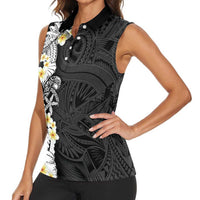 Black Samoa Tattoo Women Sleeveless Polo Shirt Plumeria Samoan Ocean Tatau Pattern - Polynesian Pride