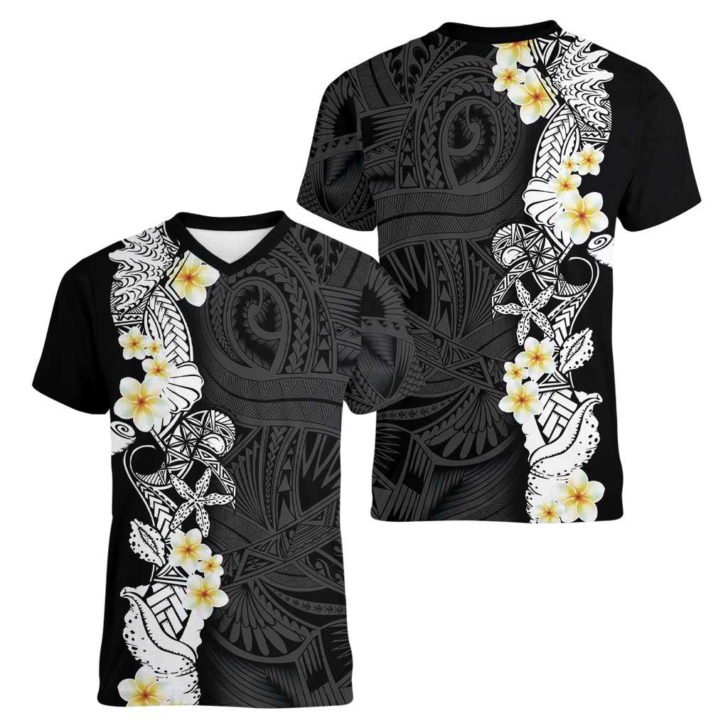 Black Samoa Tattoo Women V-Neck T-Shirt Plumeria Samoan Ocean Tatau Pattern - Polynesian Pride