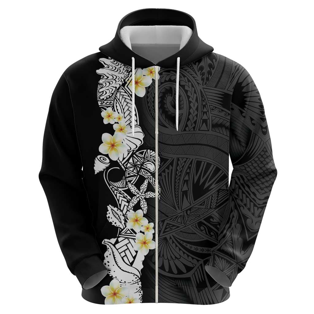 Black Samoa Tattoo Zip Hoodie Plumeria Samoan Ocean Tatau Pattern - Polynesian Pride