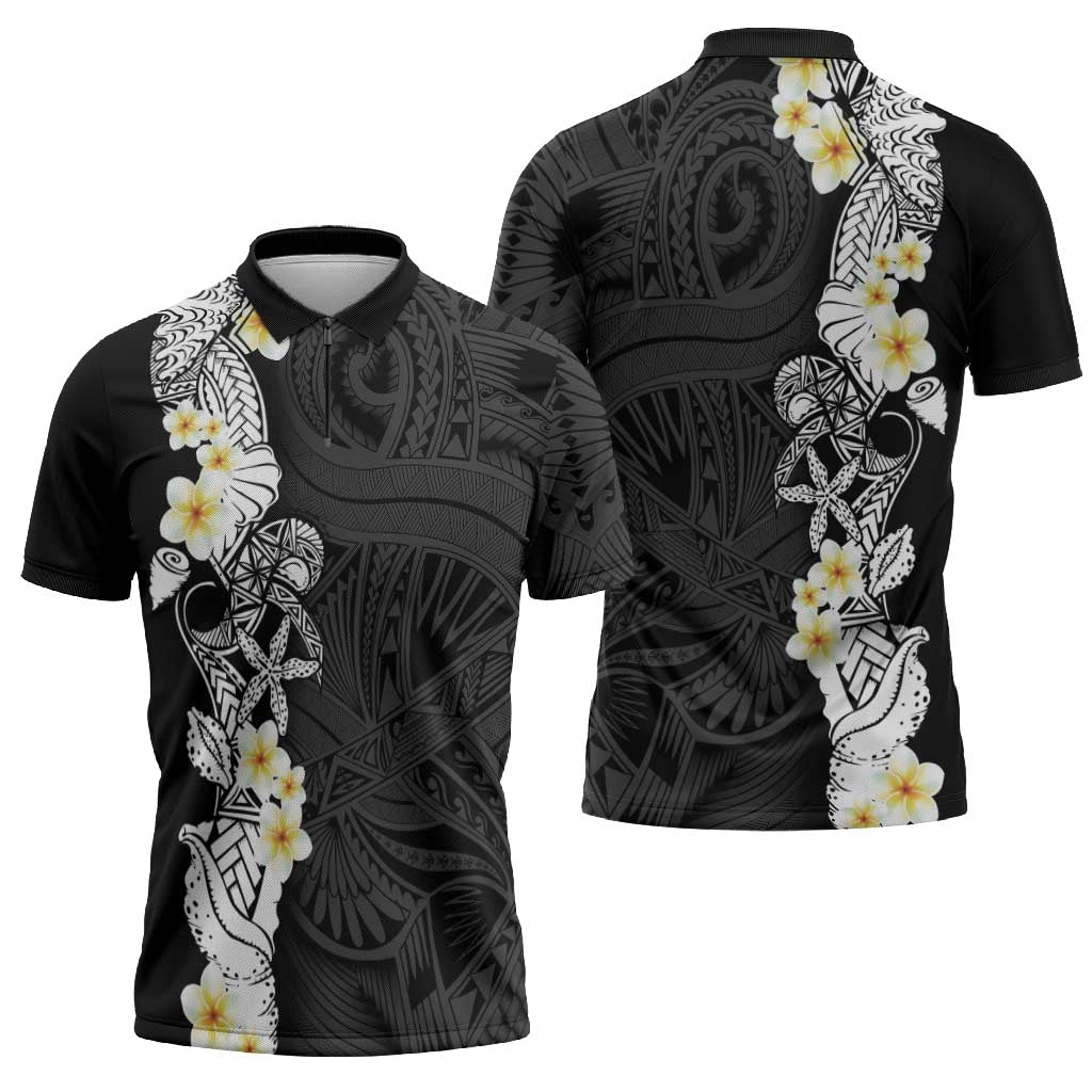 Black Samoa Tattoo Zipper Polo Shirt Plumeria Samoan Ocean Tatau Pattern - Polynesian Pride