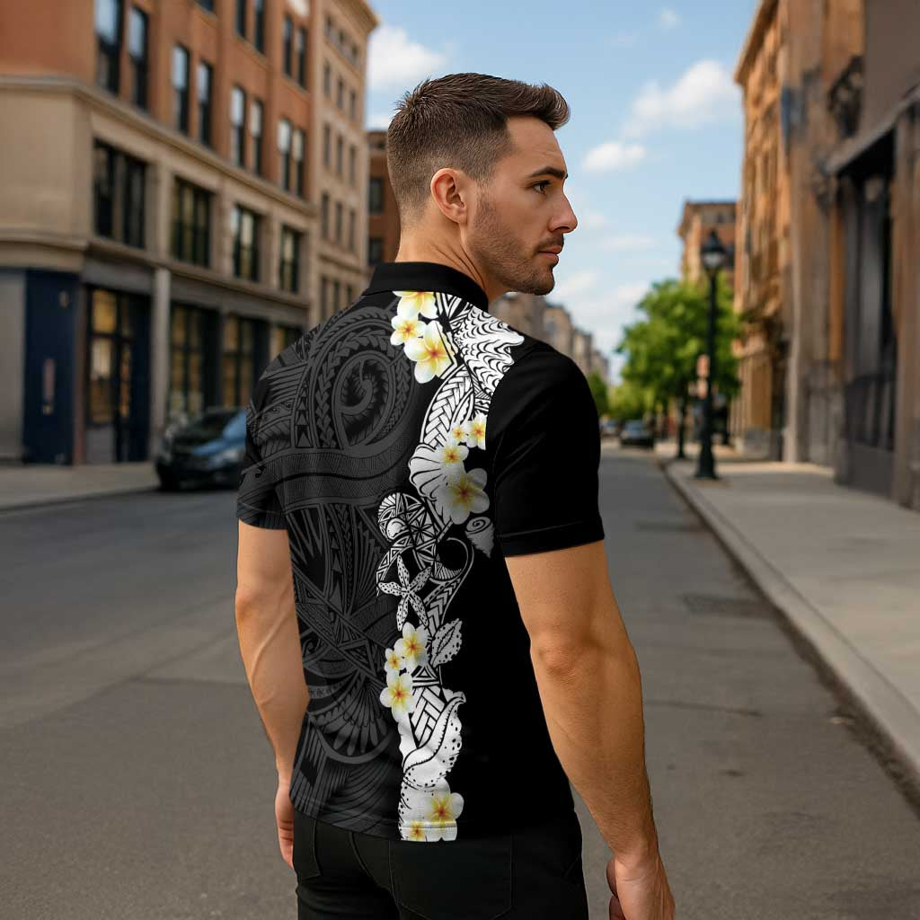 Black Samoa Tattoo Zipper Polo Shirt Plumeria Samoan Ocean Tatau Pattern - Polynesian Pride