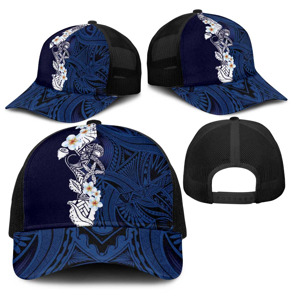 Blue Samoa Tattoo Baseball Net Cap Plumeria Samoan Ocean Tatau Pattern - Polynesian Pride
