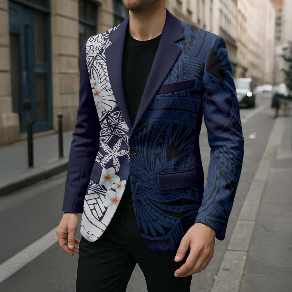 Blue Samoa Tattoo Blazer Plumeria Samoan Ocean Tatau Pattern - Polynesian Pride