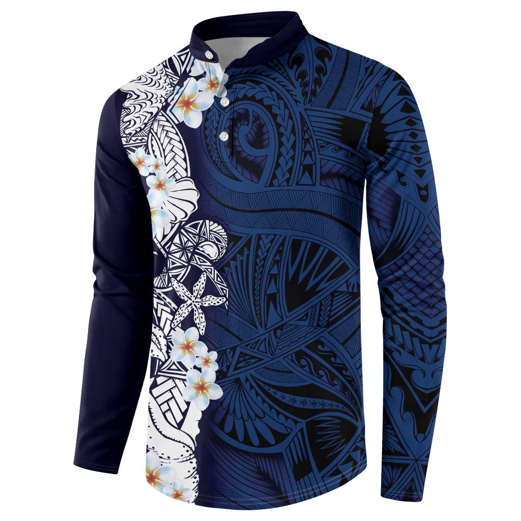 Blue Samoa Tattoo Button Sweatshirt Plumeria Samoan Ocean Tatau Pattern - Polynesian Pride