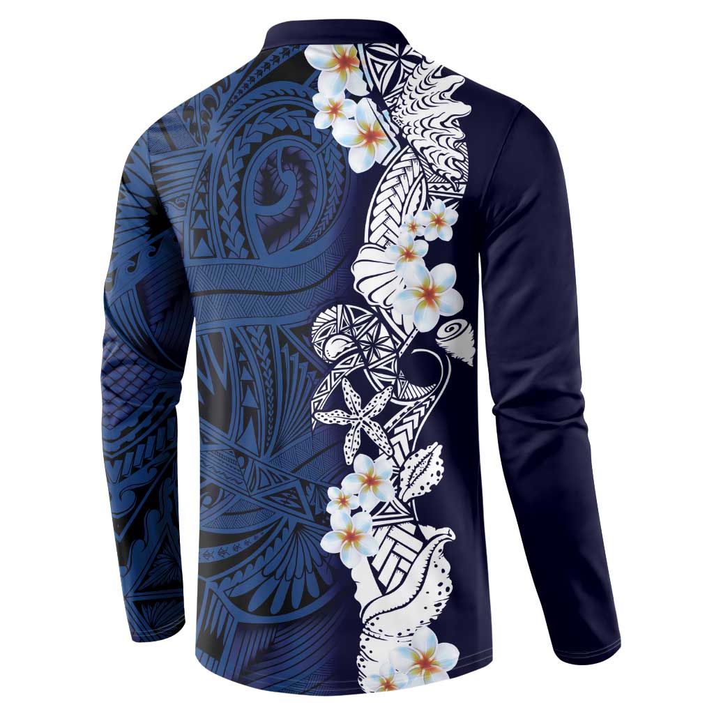 Blue Samoa Tattoo Button Sweatshirt Plumeria Samoan Ocean Tatau Pattern - Polynesian Pride