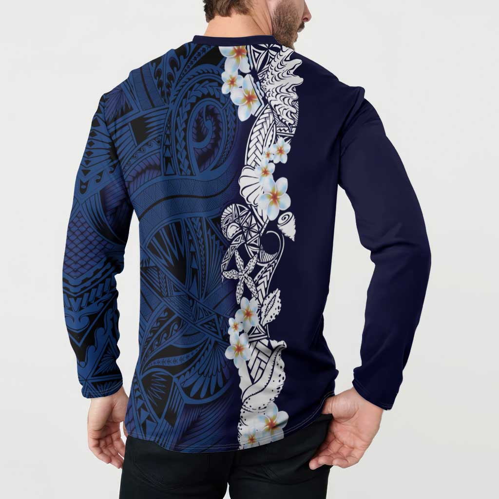 Blue Samoa Tattoo Button Sweatshirt Plumeria Samoan Ocean Tatau Pattern - Polynesian Pride