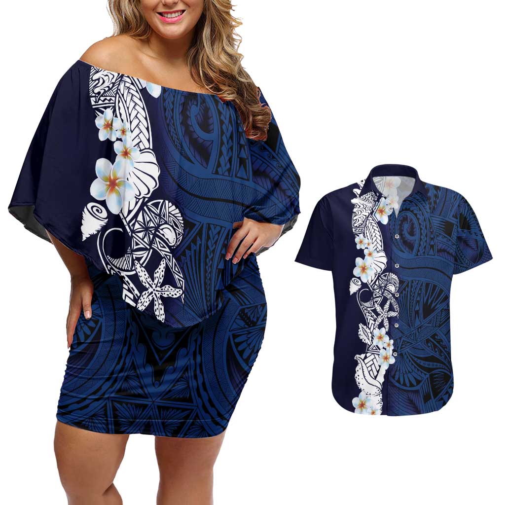Blue Samoa Tattoo Couples Matching Off Shoulder Short Dress and Hawaiian Shirt Plumeria Samoan Ocean Tatau Pattern - Polynesian Pride