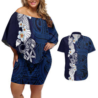 Blue Samoa Tattoo Couples Matching Off Shoulder Short Dress and Hawaiian Shirt Plumeria Samoan Ocean Tatau Pattern - Polynesian Pride